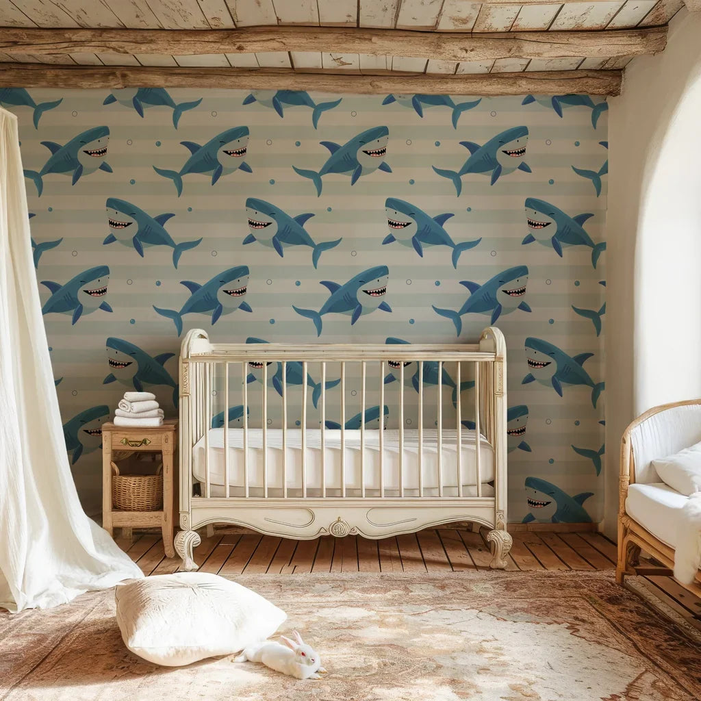 Soft azure wall covering showcasing a recurring shark and line motif with a convenient peel-and-stick backing. - Smiling Jaws