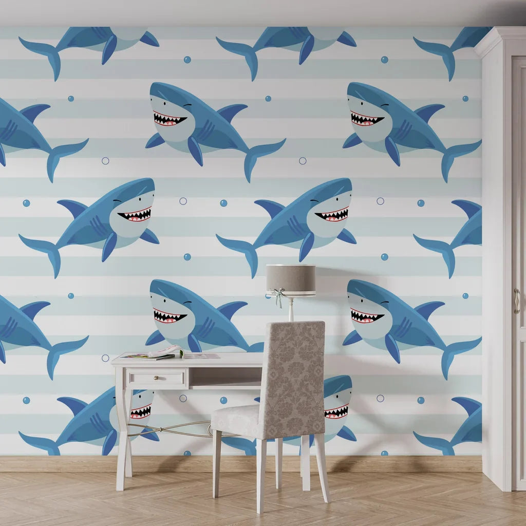 Self-adhesive wall covering featuring a repeating pattern of swimming sharks over a light blue striped oceanic background - Smiling Jaws