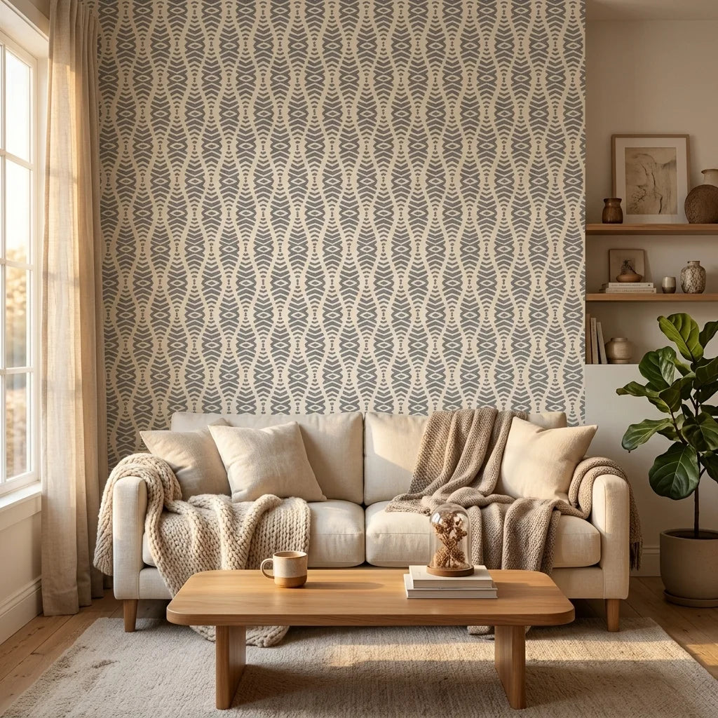 Smoke Ancestry grey geometric peel and stick wallpaper in a warm and inviting living room