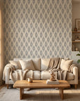 Smoke Ancestry grey geometric peel and stick wallpaper in a warm and inviting living room