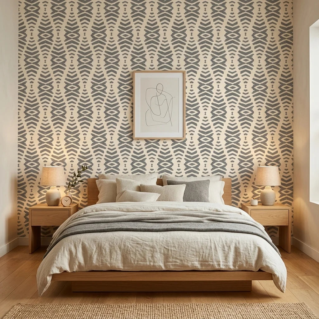 Smoke Ancestry grey geometric peel and stick wallpaper adding character to a cozy bedroom