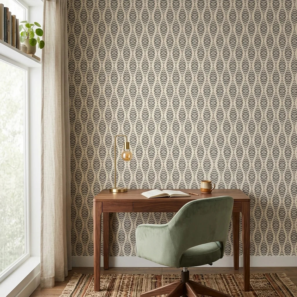 Smoke Ancestry grey geometric peel and stick wallpaper as a feature wall in a bright home office