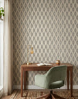 Smoke Ancestry grey geometric peel and stick wallpaper as a feature wall in a bright home office