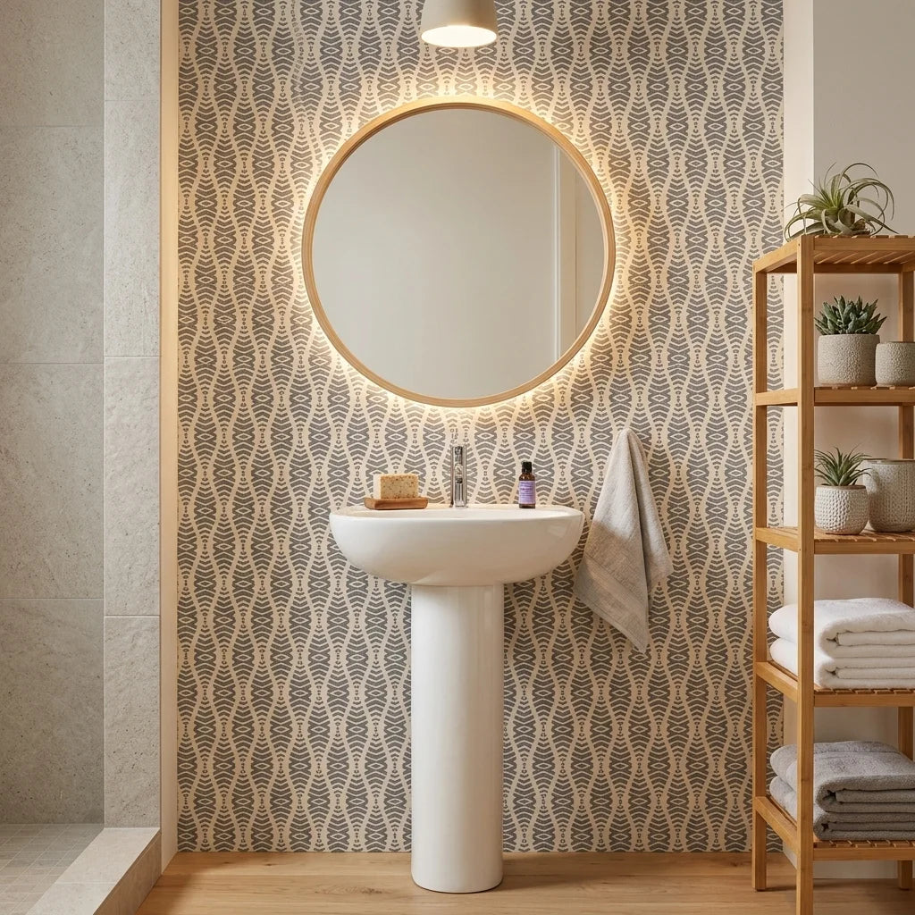 Smoke Ancestry grey geometric peel and stick wallpaper creating ambiance in a serene bathroom