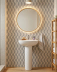 Smoke Ancestry grey geometric peel and stick wallpaper creating ambiance in a serene bathroom