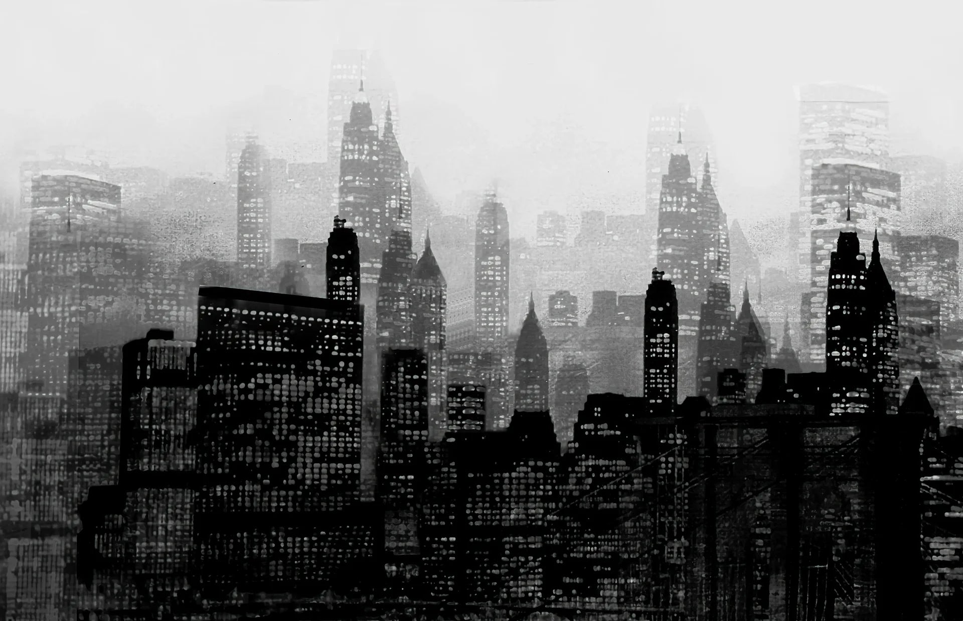 Dramatic Smoke & Shadow wallpaper featuring black city skyline silhouettes in misty gray tones