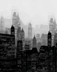 Dramatic Smoke & Shadow wallpaper featuring black city skyline silhouettes in misty gray tones