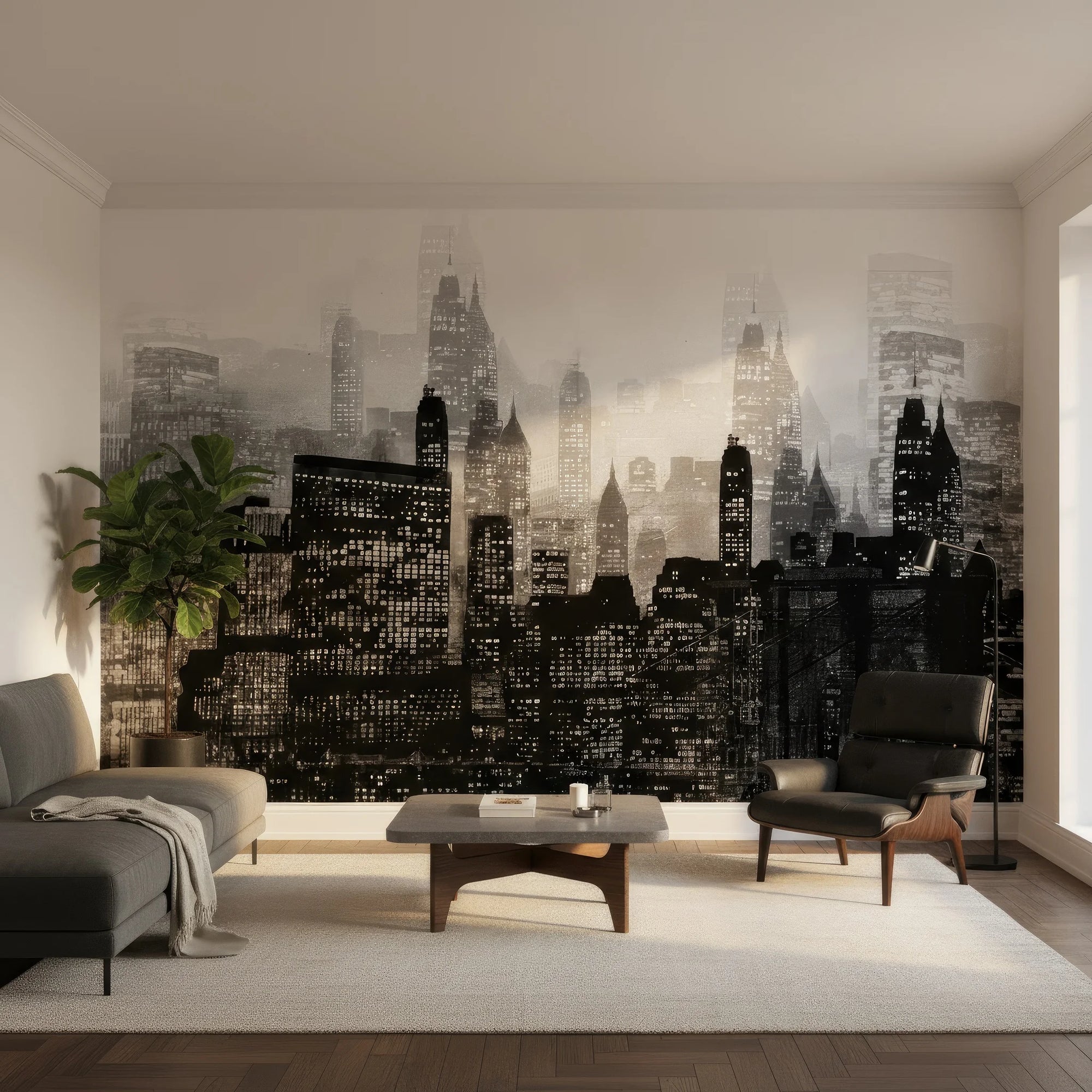 Smoke & Shadow wallpaper mural featuring monochrome cityscape with illuminated skyscrapers in modern living room