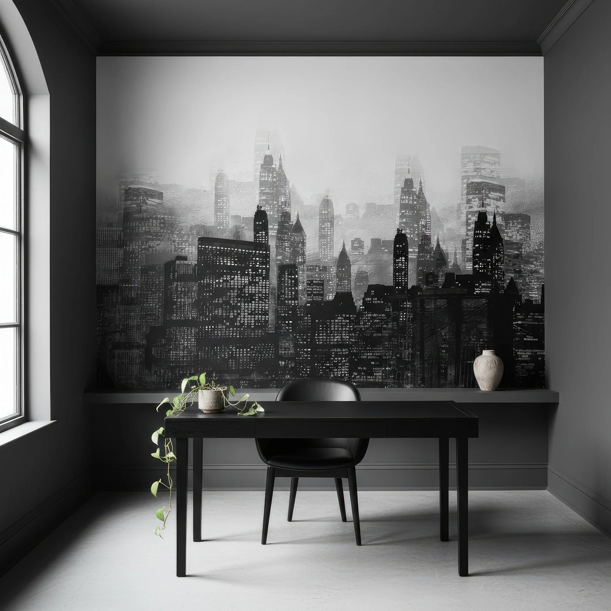 Black and white Smoke & Shadow cityscape wallpaper with misty skyscrapers in modern dining room