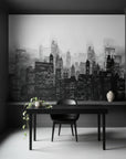 Black and white Smoke & Shadow cityscape wallpaper with misty skyscrapers in modern dining room