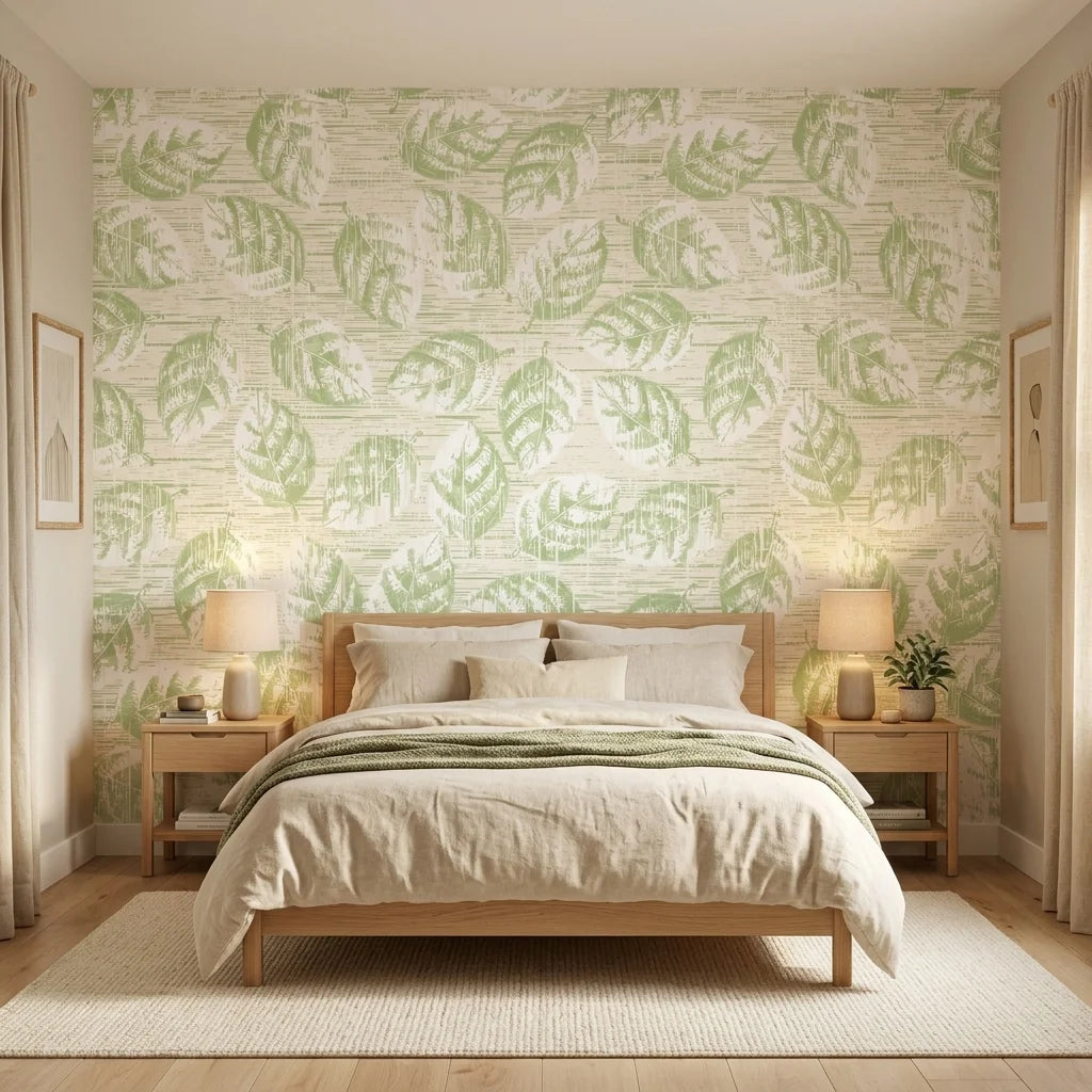 Soft Canopy serene green botanical wallpaper adding character to a cozy bedroom