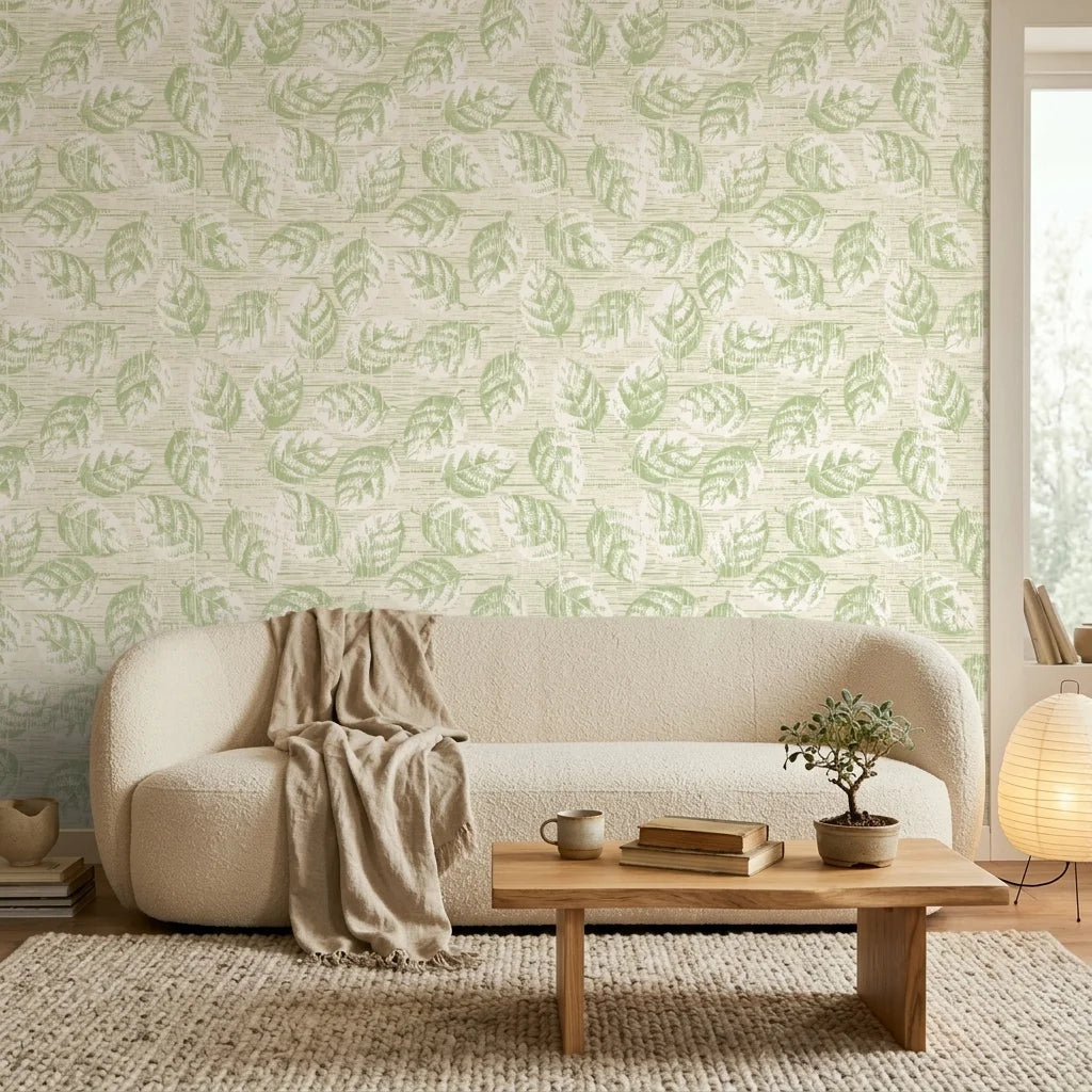 Soft Canopy serene green botanical wallpaper in a warm and inviting living room