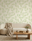 Soft Canopy serene green botanical wallpaper in a warm and inviting living room