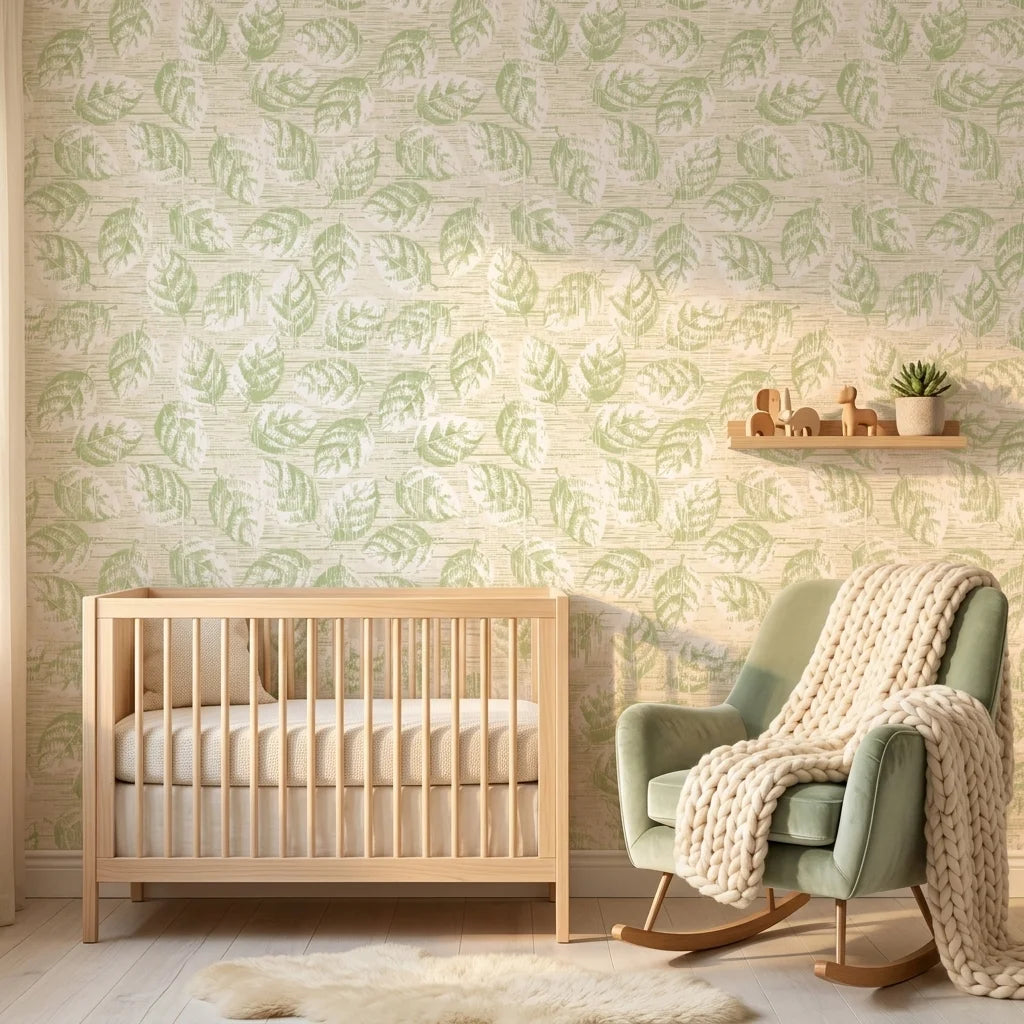 Soft Canopy serene green botanical wallpaper bringing warmth to a peaceful nursery
