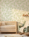 Soft Canopy serene green botanical wallpaper bringing warmth to a peaceful nursery