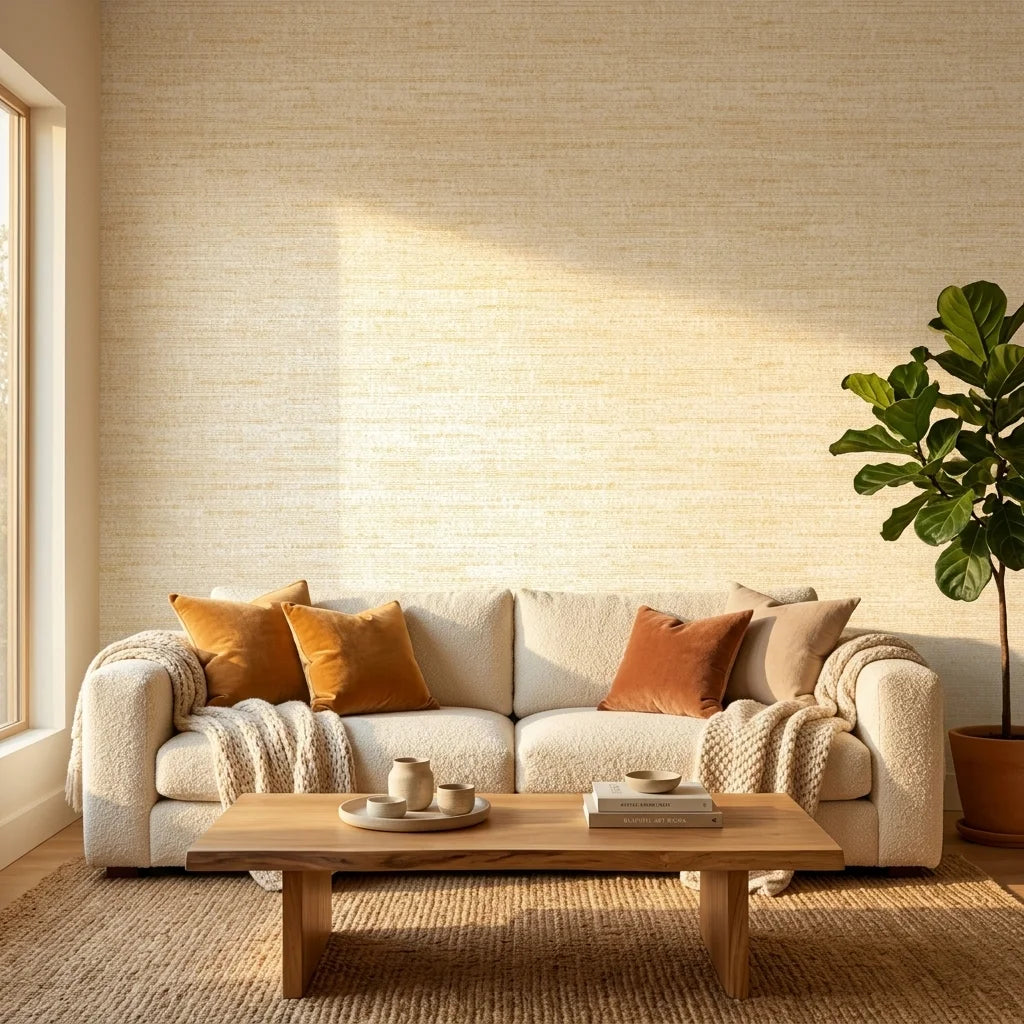Soft Citrus textured gold abstract wallpaper in a warm and inviting living room
