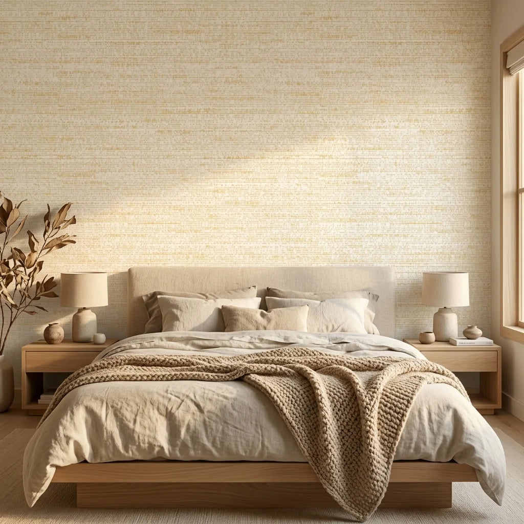 Soft Citrus textured gold abstract wallpaper adding character to a cozy bedroom
