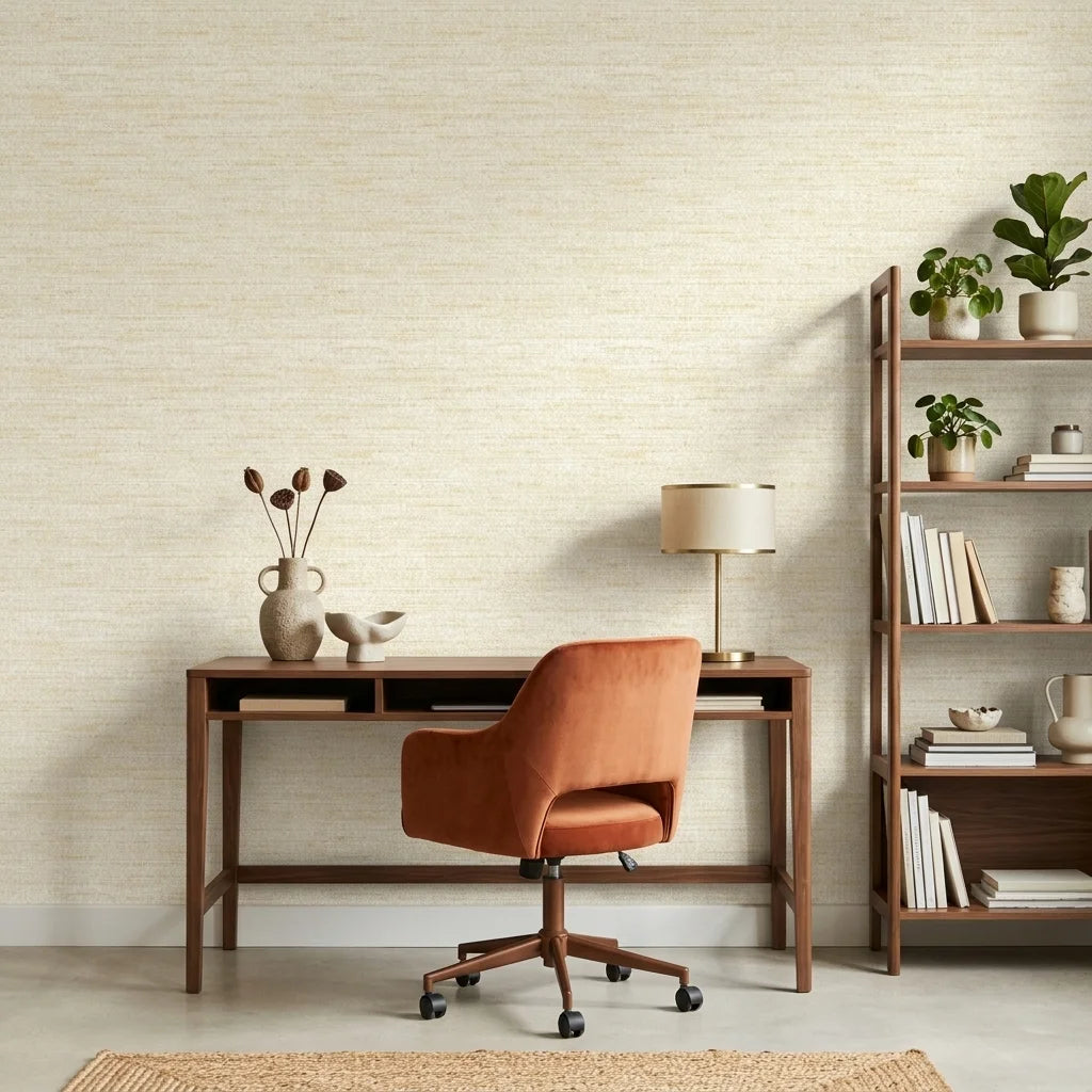 Soft Citrus textured gold abstract wallpaper as a feature wall in a bright home office