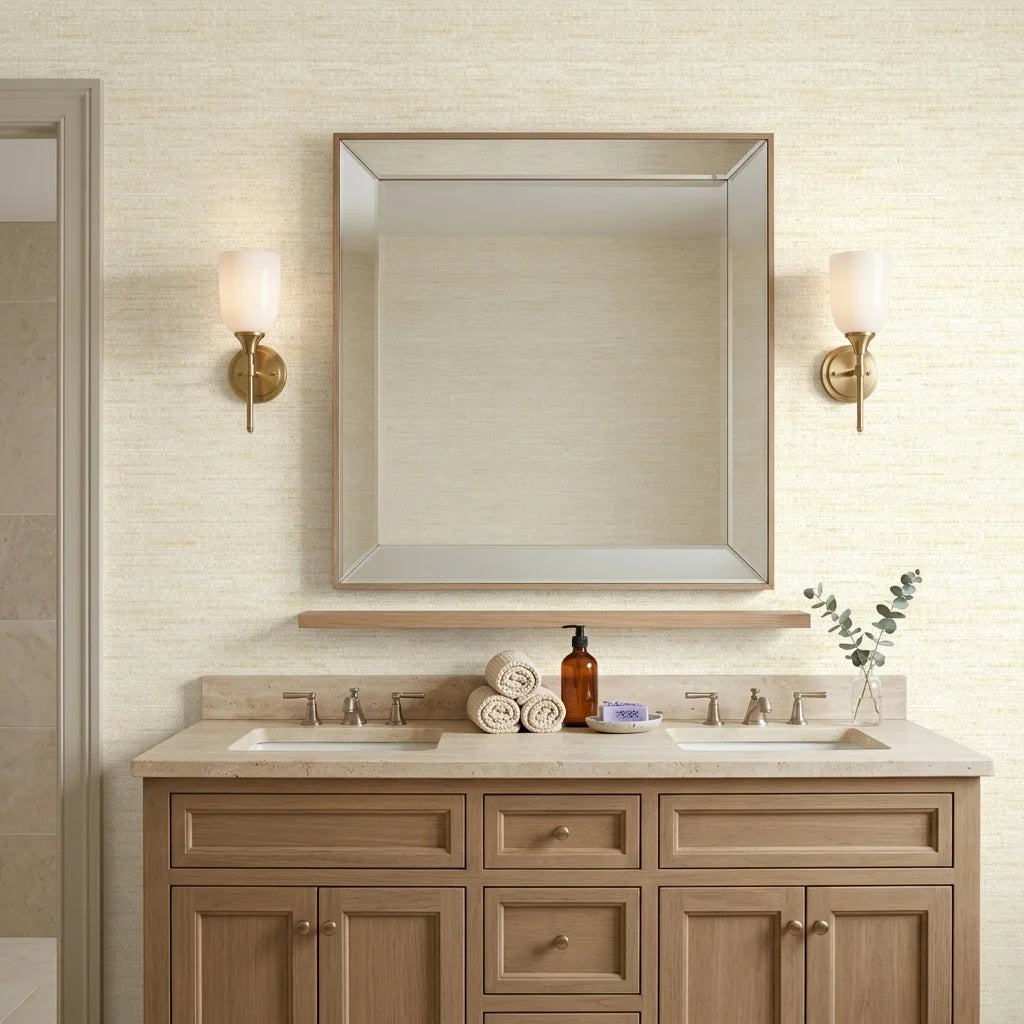Soft Citrus textured gold abstract wallpaper creating ambiance in a serene bathroom