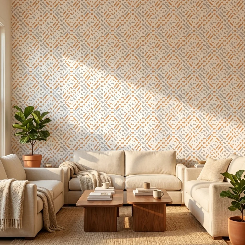Soft Geometry peach and grey abstract wallpaper in a warm and inviting living room