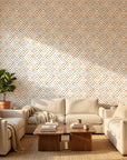 Soft Geometry peach and grey abstract wallpaper in a warm and inviting living room