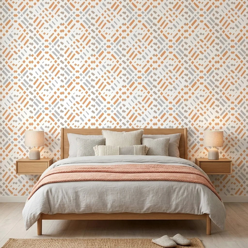 Soft Geometry peach and grey abstract wallpaper adding character to a cozy bedroom