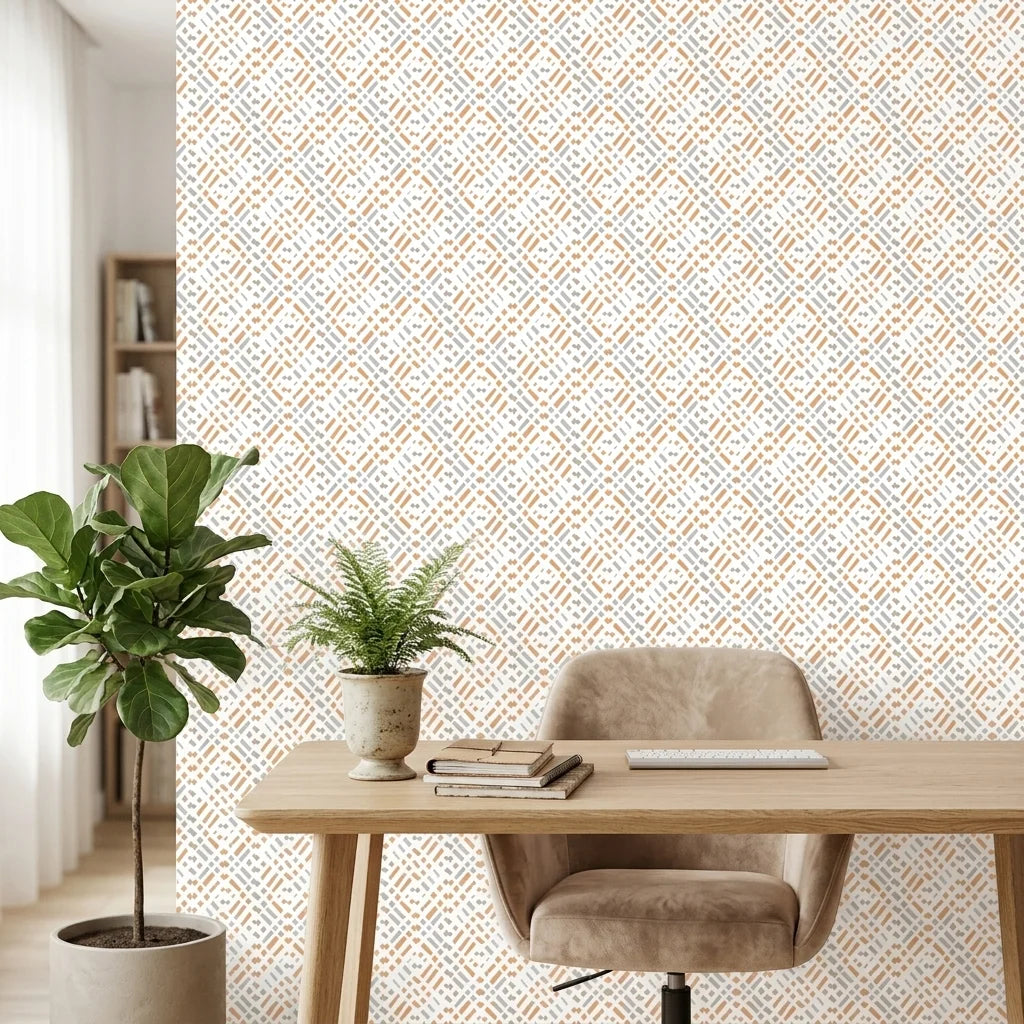 Soft Geometry peach and grey abstract wallpaper as a feature wall in a bright home office