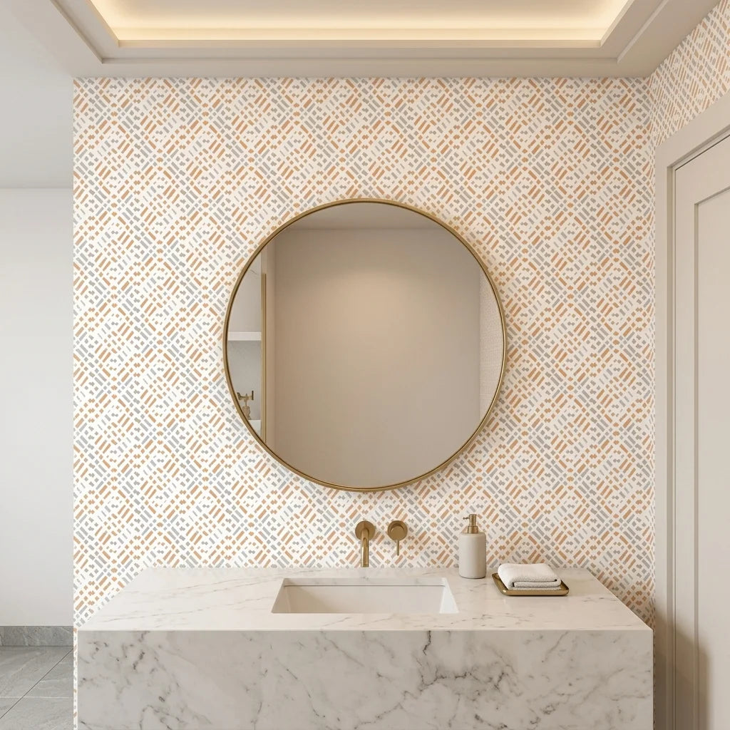 Soft Geometry peach and grey abstract wallpaper creating ambiance in a serene bathroom