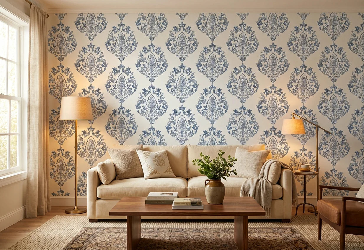 Soft Petal Rhapsody blue grey classic damask wallpaper in a warm and inviting living room