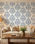 Soft Petal Rhapsody blue grey classic damask wallpaper in a warm and inviting living room