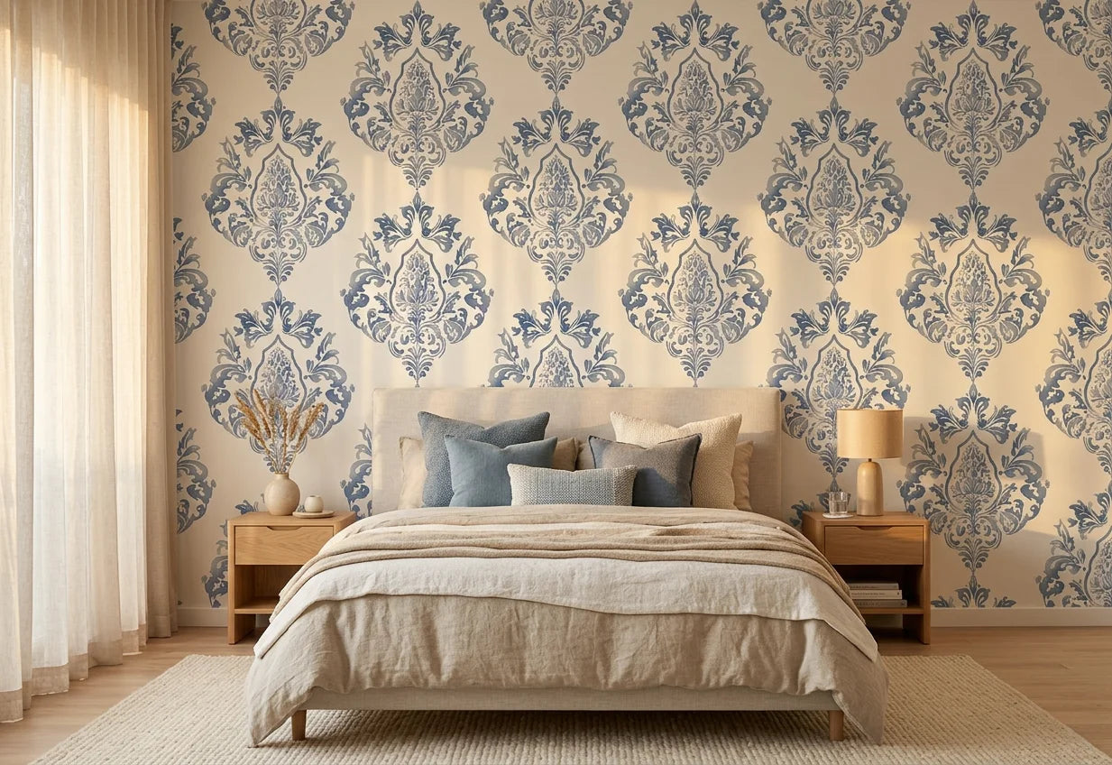 Soft Petal Rhapsody blue grey classic damask wallpaper adding character to a cozy bedroom
