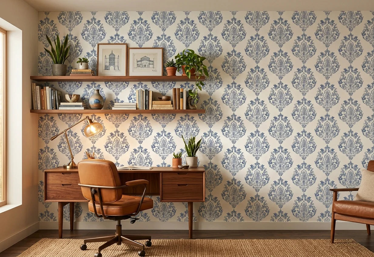 Soft Petal Rhapsody blue grey classic damask wallpaper as a feature wall in a bright home office