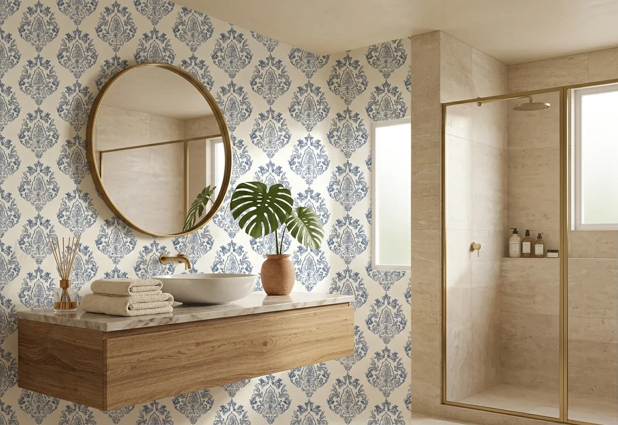 Soft Petal Rhapsody blue grey classic damask wallpaper creating ambiance in a serene bathroom