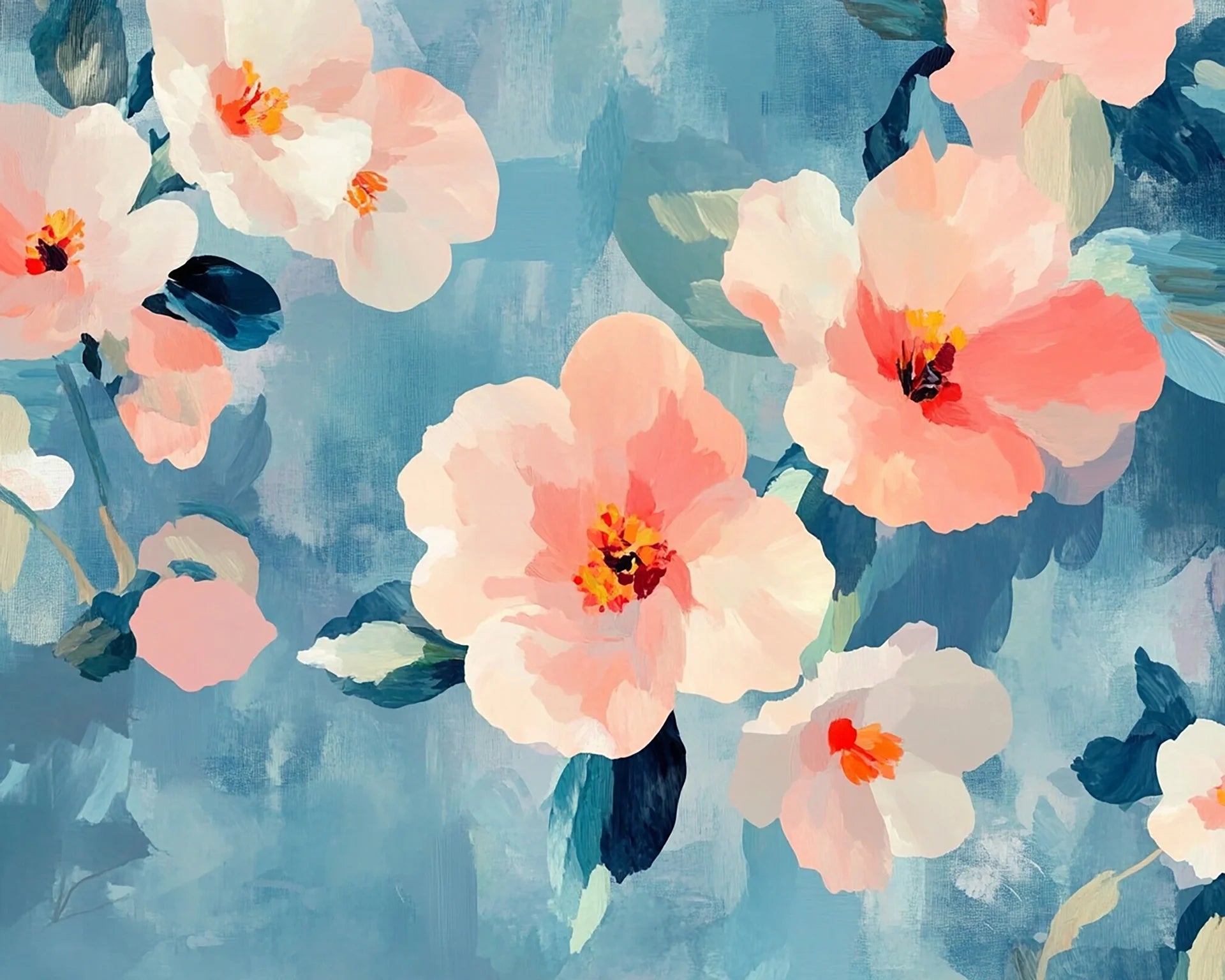 Watercolor-style Soft Scatter wallpaper with blush pink flowers and navy leaves on dusty blue background