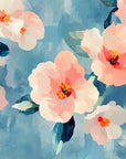 Watercolor-style Soft Scatter wallpaper with blush pink flowers and navy leaves on dusty blue background