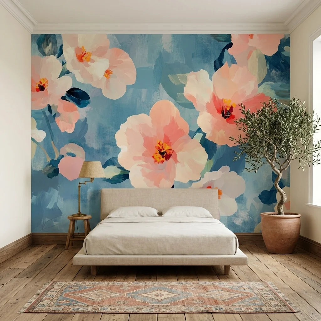 Soft Scatter floral wallpaper with oversized peach blooms and teal leaves on bedroom accent wall