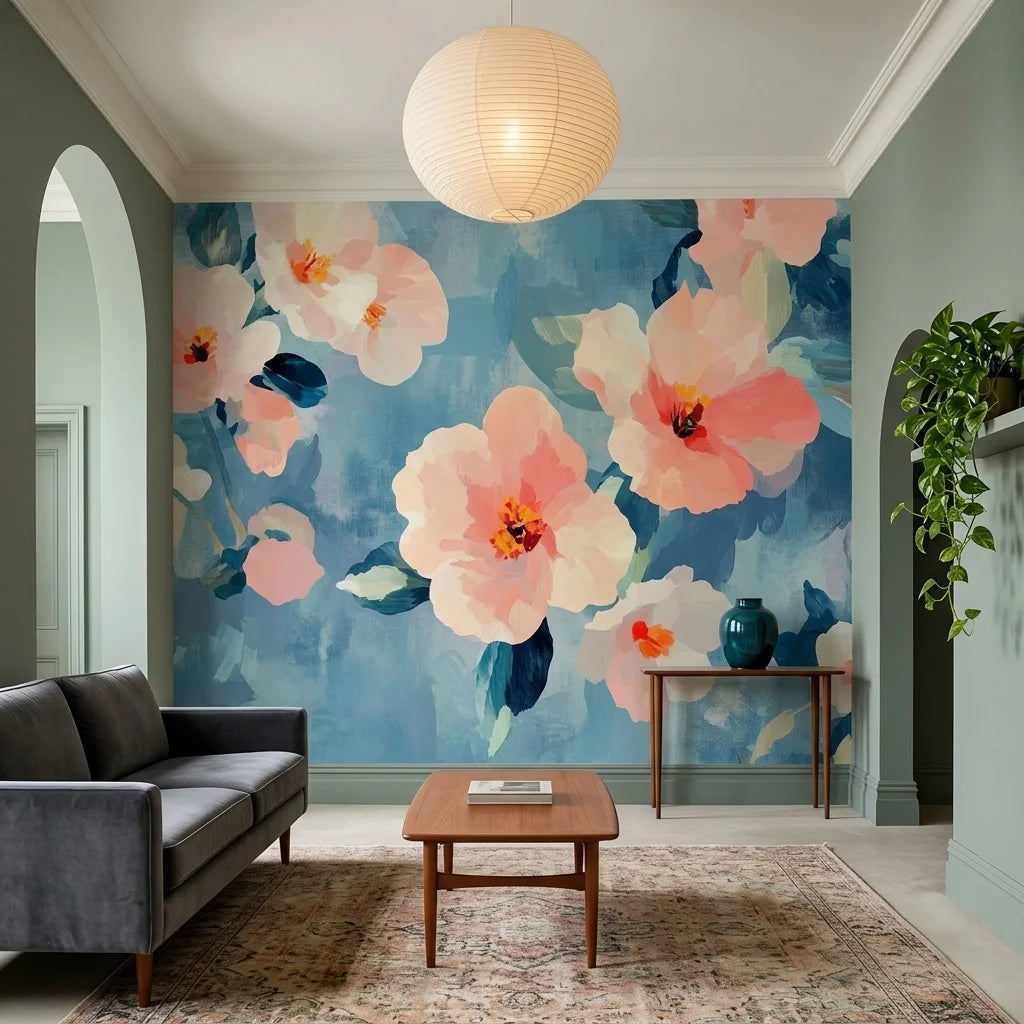 Watercolor floral Soft Scatter wallpaper with coral and white blooms on blue background in modern living room