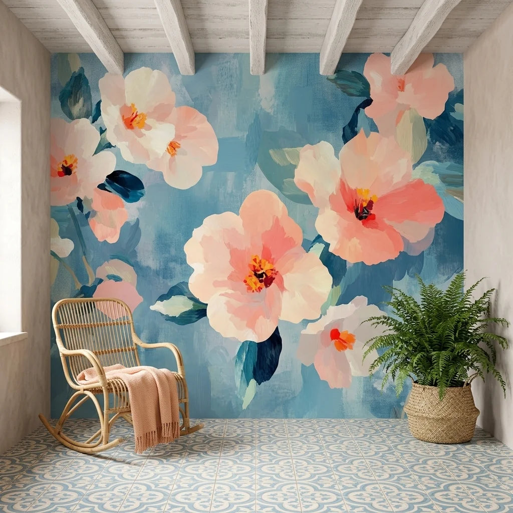 Soft Scatter watercolor floral wallpaper featuring coral pink blooms on teal blue accent wall in coastal cottage room