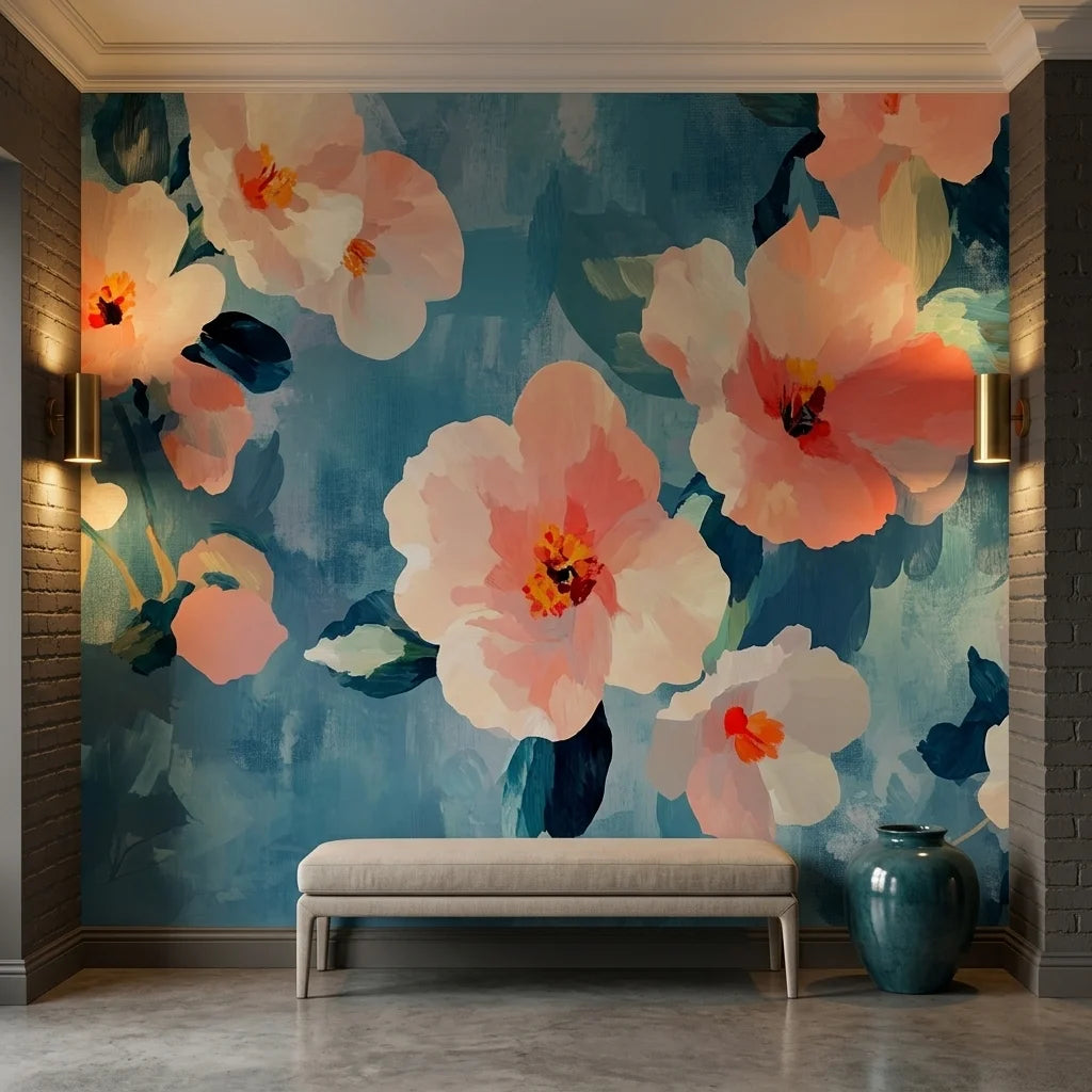 Teal and coral Soft Scatter floral wallpaper on contemporary entryway accent wall with brass sconces