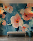 Teal and coral Soft Scatter floral wallpaper on contemporary entryway accent wall with brass sconces