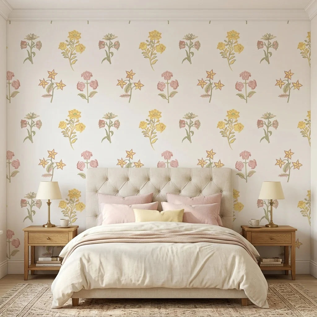 Soft Season pastel floral peel and stick wallpaper in a warm and inviting living room
