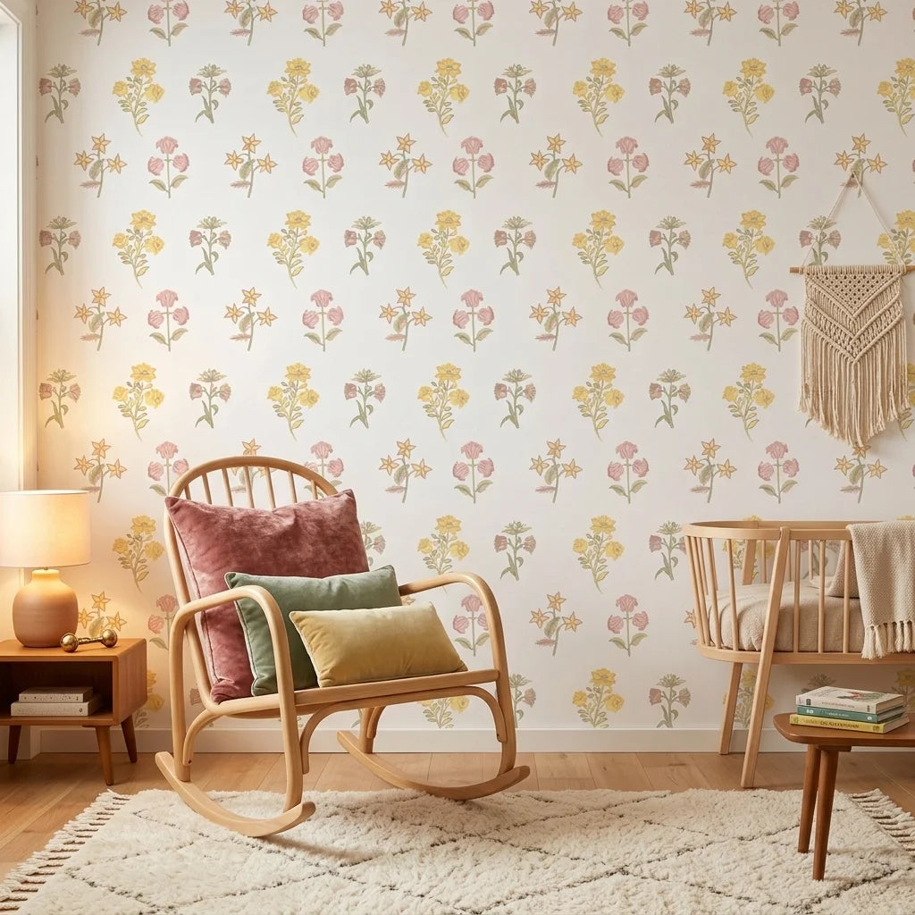 Soft Season pastel floral peel and stick wallpaper adding character to a cozy bedroom