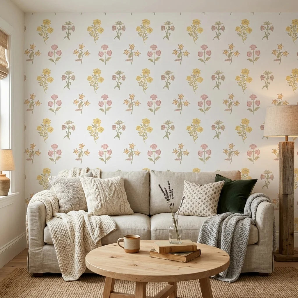 Soft Season pastel floral peel and stick wallpaper as a feature wall in a bright home office