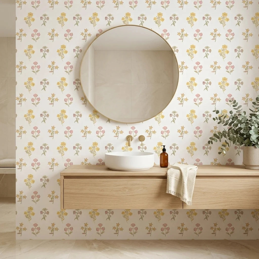 Soft Season pastel floral peel and stick wallpaper creating ambiance in a serene bathroom