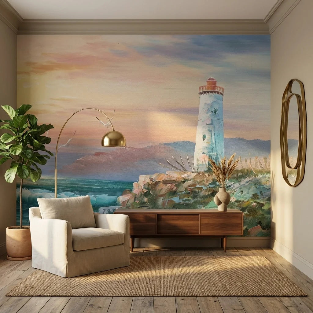 Canvas-like pastel coastal lighthouse sunset peel and stick wallpaper - Soft Vigil
