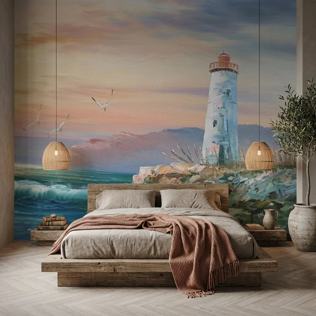 Soft Vigil coastal sunset lighthouse wallpaper in a warm and inviting living room