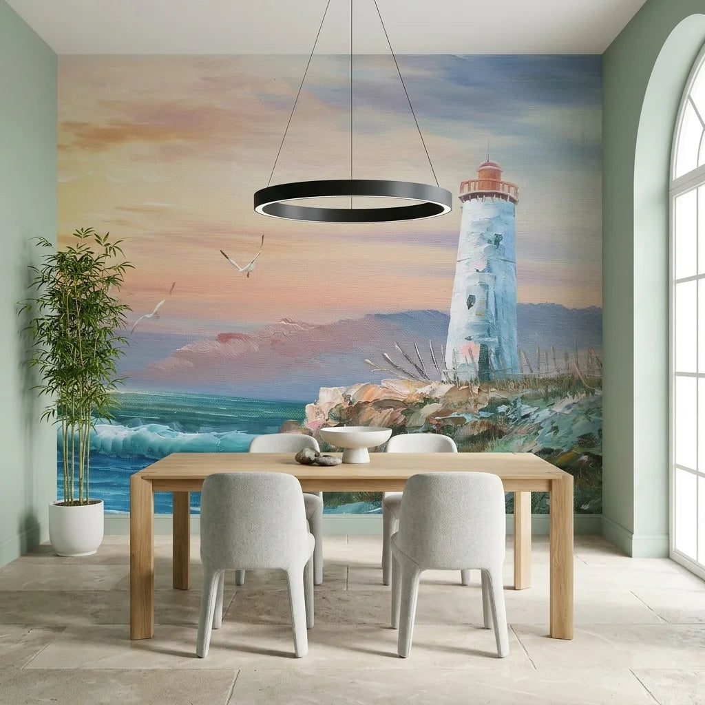 Soft Vigil coastal sunset lighthouse wallpaper adding character to a cozy bedroom