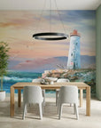 Soft Vigil coastal sunset lighthouse wallpaper adding character to a cozy bedroom