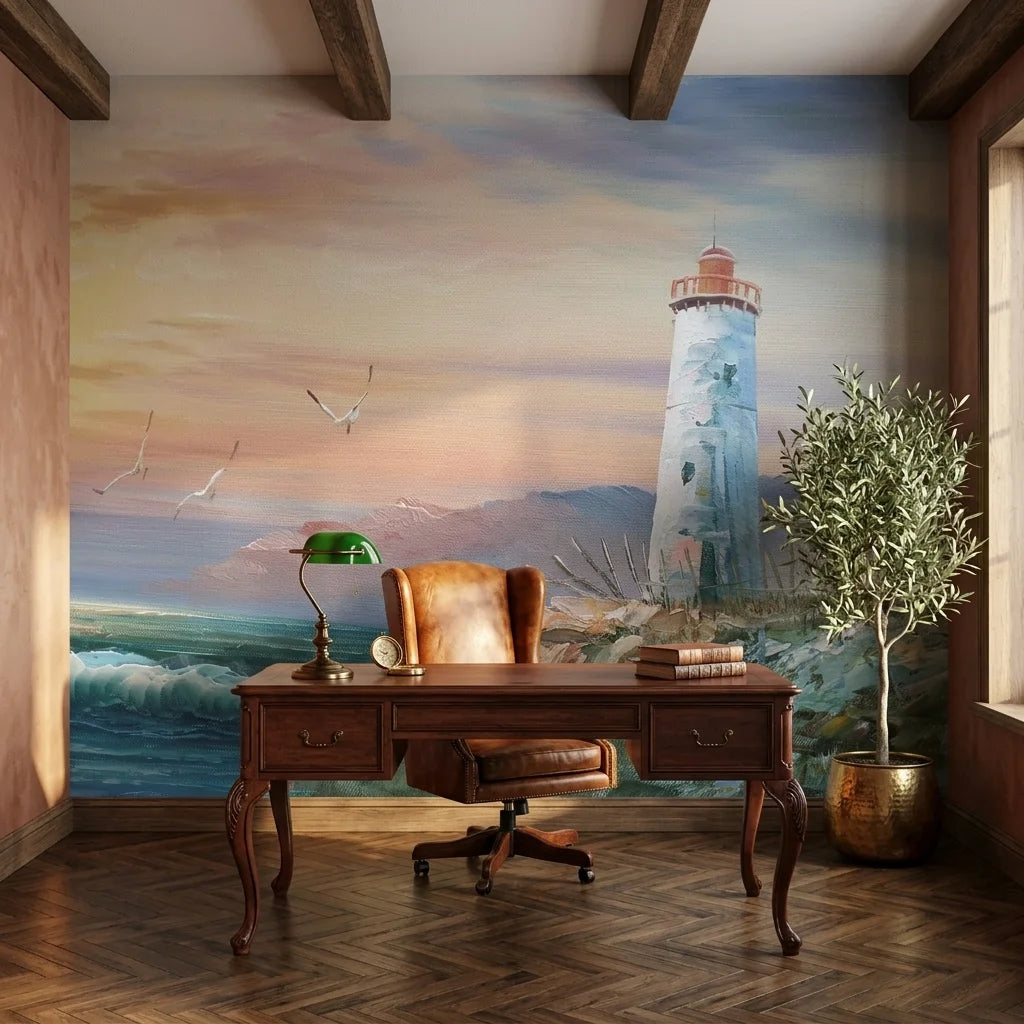 Soft Vigil coastal sunset lighthouse wallpaper as a feature wall in a bright home office
