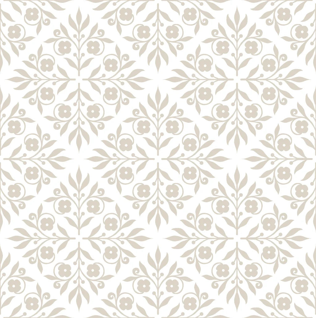 Elegant Soft Bouquet Opus wallpaper with beige floral damask pattern on white peel and stick background
